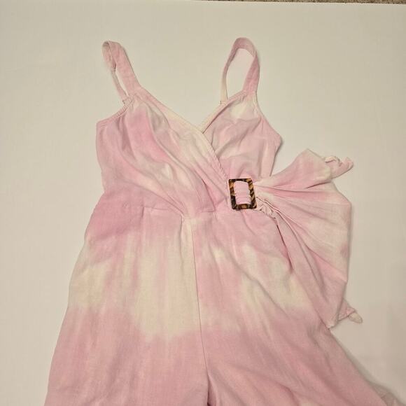 Venus Babydoll Jumpsuit Sz 2 Pink Tie Dye Cotton Linen Wide Leg Beach Vacation - Picture 5 of 11
